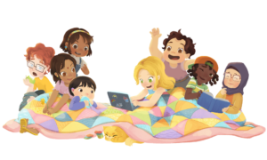 Illustration of a group of diverse children under a large colourful quilt sharing books and stories.