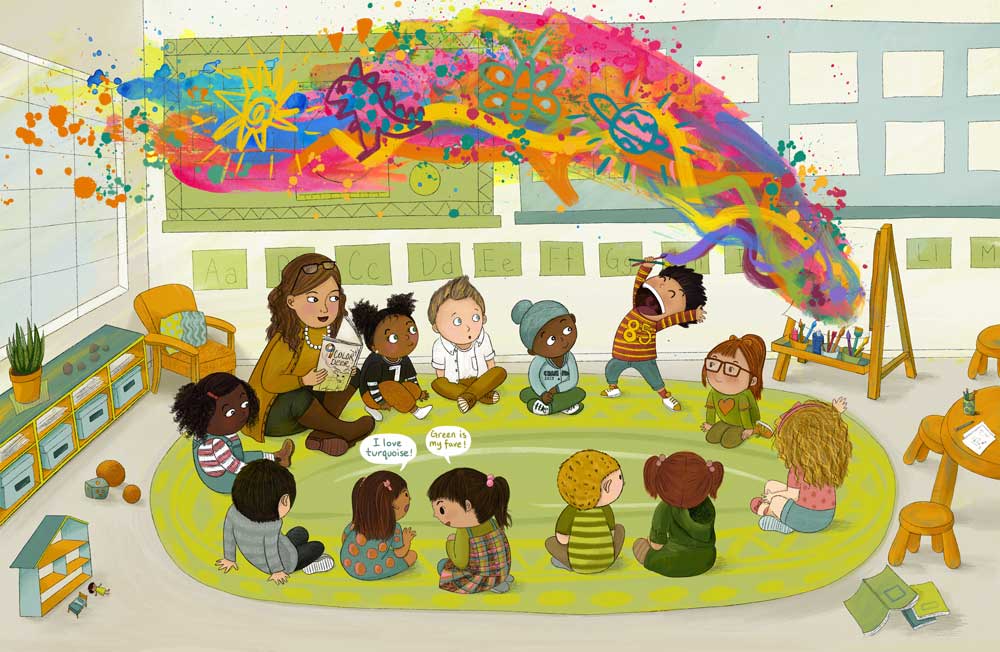 An image from Jeni Chen's picture book, Emet's Box. The image features a classroom sitting on the carpet in a circle for show and tell. Emet is holding a paintbrush with lots of colour exploding out.