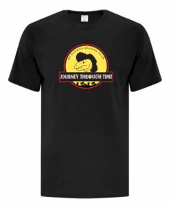 Photograph of black t-shirt with a dinosaur outline in a centre logo that reads Journey Through Time