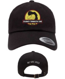 Photograph of black baseball cap with a dinosaur outline in a centre logo that reads Journey Through Time
