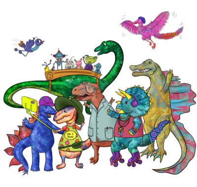 Illustration featuring colourful dinosaurs and robots that are gathered to take a selfie. The dinosaurs are making silly faces and holding up peace signs.