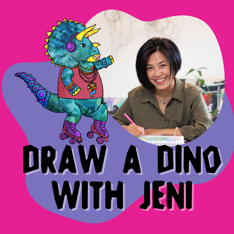 Pink background and purple abstract shape. Image of triceratops cartoon wearing rollerskates and headphones, next to photography of Jeni Chen. Text reads Draw a Dino with Jeni