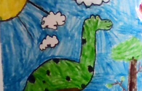 A drawing of a green dinosaur with blue sky background and sun.