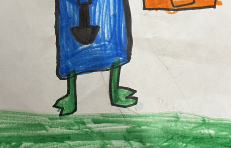 A drawing of a green dinosaur holding an orange boombox.