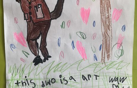 A drawing of a brown dinosaur with trees and hearts in the background.