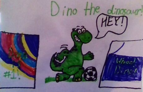 A drawing of a green dinosaur saying Hey! while kicking a soccer ball.