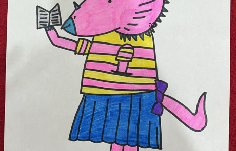 A drawing of a pink triceratops wearing a striped shirt and pleated skirt.