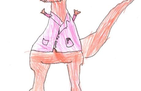 A drawing of an Dinosaur wearing a purple lab coat.