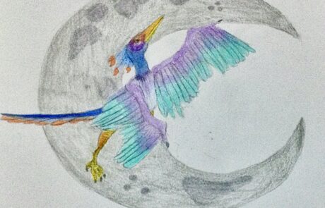 A drawing of a colourful flying dinosaur with a moon backdrop.