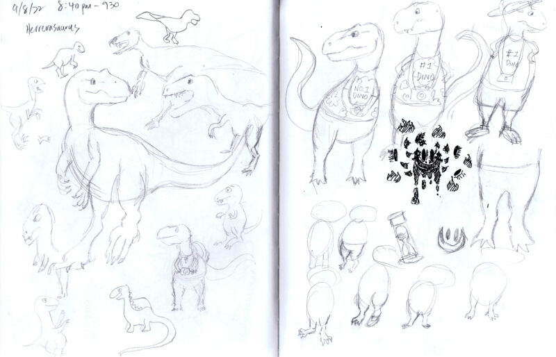 Scan of Jeni Chen's sketchbook and early drawings of concept art for BC Summer Reading Club 2023.