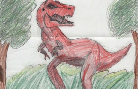 A red dinosaur and some trees