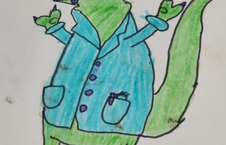 A drawing of a green Albertasaurus with a blue lab coat.