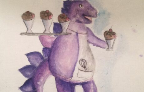 A drawing of a purple dinosaur serving snacks