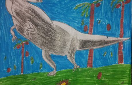 A drawing of a gray dinosaur with a green background.