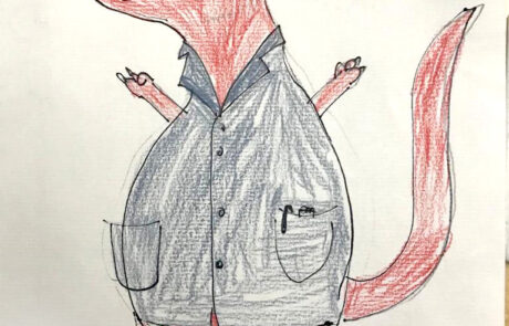 A drawing of an Albertosaurus in a lab coat.