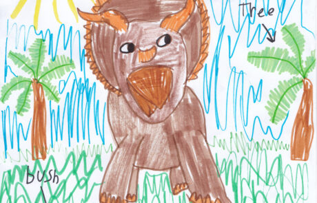 A drawing of a brown triceratops