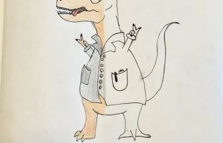a drawing of a dinosaur in a lab coat