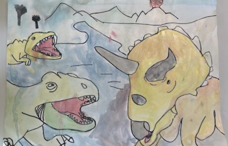 a drawing of a group of dinosaurs using paints and fineliner