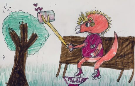a drawing of a triceratops on a bench taking a selfie
