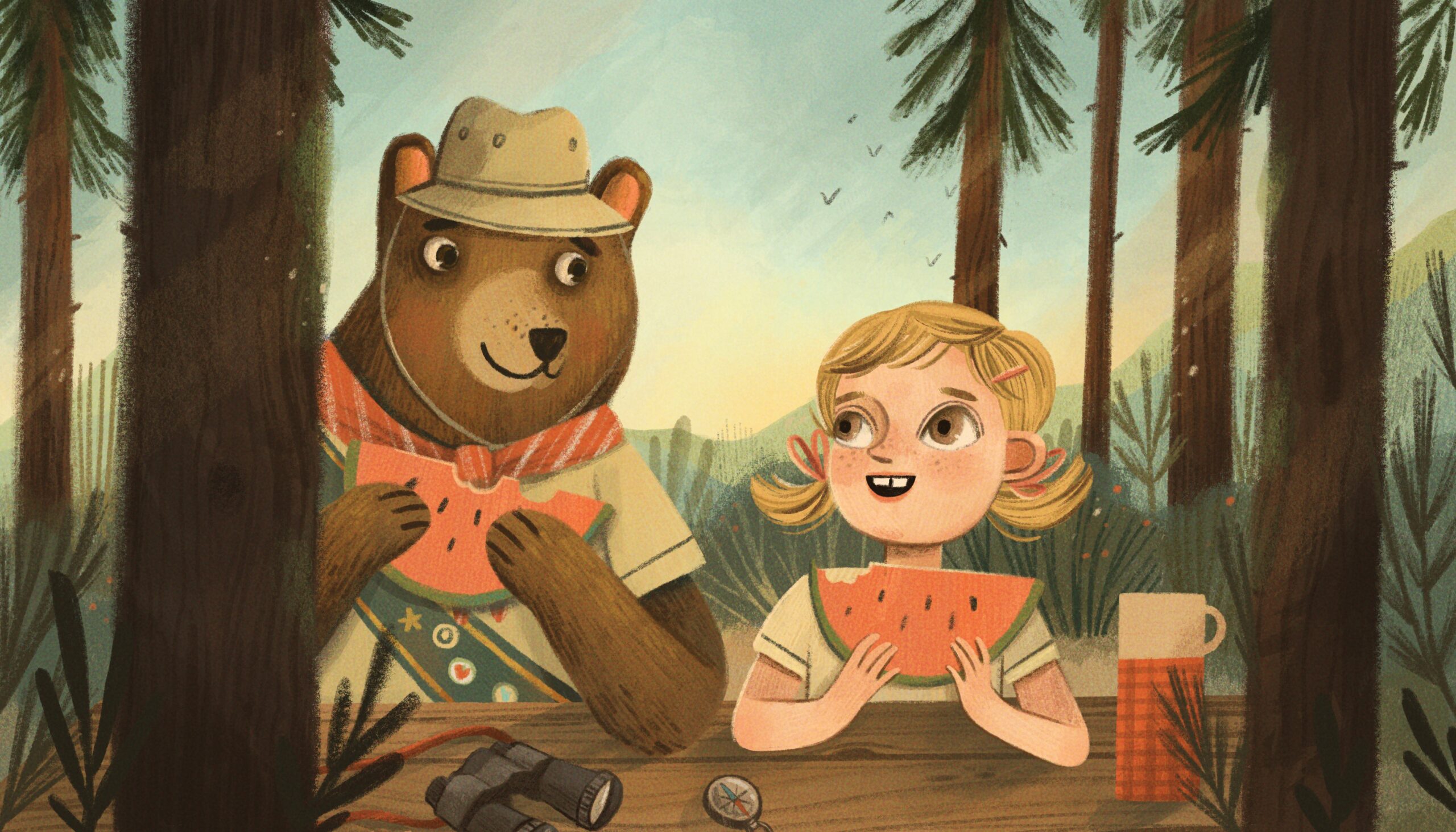 An illustation by Meneka Repka featuring a bear and girl eating watermelon together.