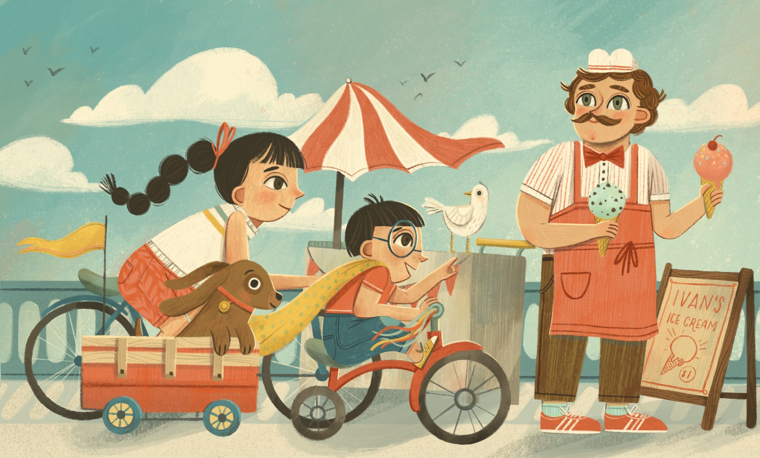 An illustration by Meneka Repka featuring an ice cream man and two children riding a bike and wagon with a dog