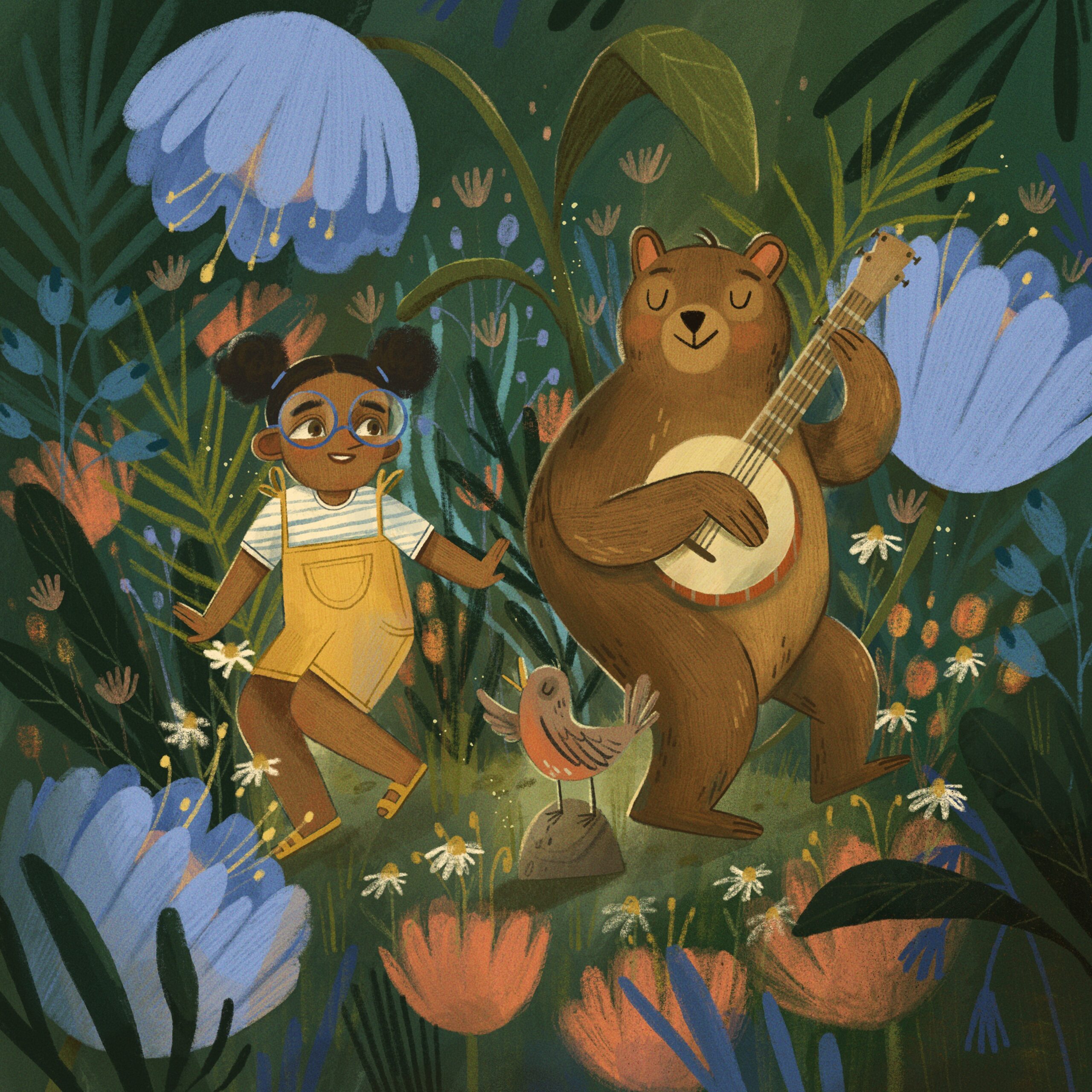 An illustration by BC SRC artist Meneka Repka featuring a girl and a bear playing a banjo dancing together