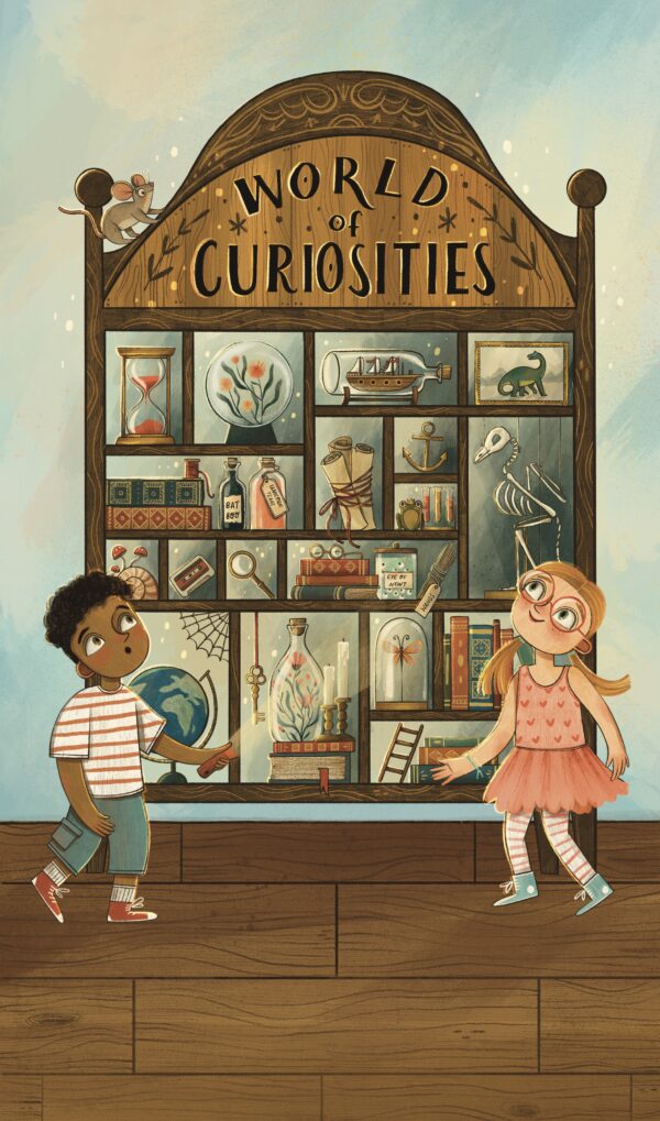 An illustration of a large shelf wooden shelf filled with a variety of trinkets, books, and objects. A fair skinned girl with glasses and red hair in a pink dress is looking up. On the other side is a boy with olive skin and curly short dark brown hair holding a flashlight to the shelf.