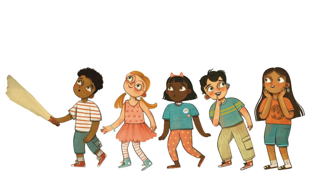 Illustration of five children of diverse backgrounds looking with wonder and amazement.