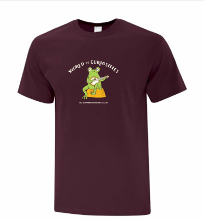 Image of a maroon t-shirt with a frog design.