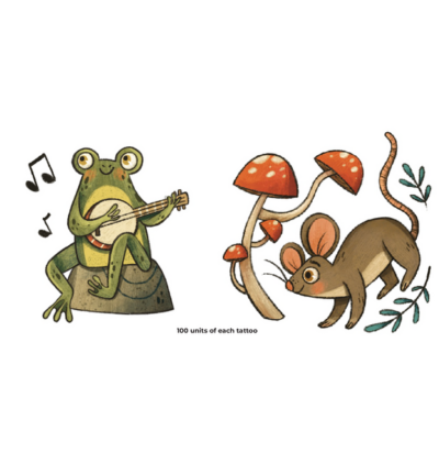 Images for temporary tattoos of a frog and a mouse with mushrooms