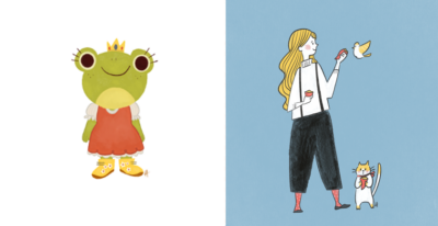 two graphic illustrations side by side featuring a frog in a dress with a crown, and a blonde girl with a cat