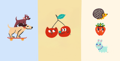 Three graphic illustrations featuring dogs and fruits.