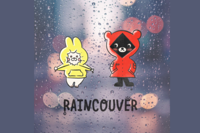 A graphic illustration of a rabbit and bear wearing hoodies over a rainy background.