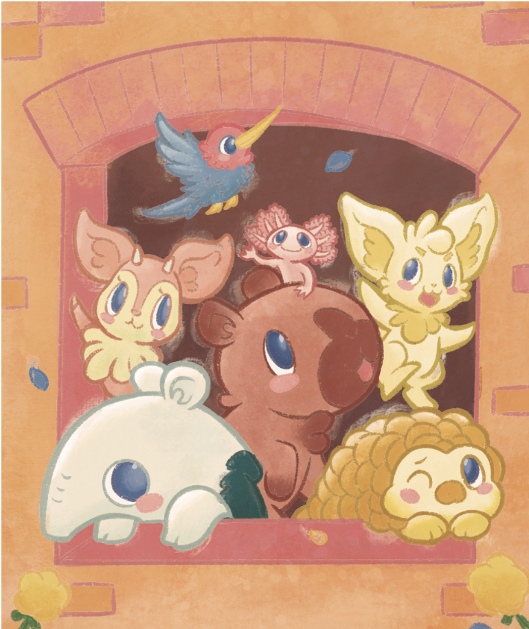 Screen Shot 2025-03-27 at 10.30.09 AM Seven unique, cute animals coming through a brick window frame.