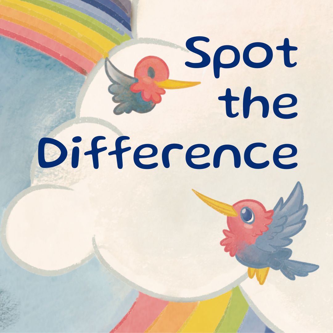 Illustrations of clouds with rainbows. Two cartoon hummingbirds sit above and below text that reads spot the difference