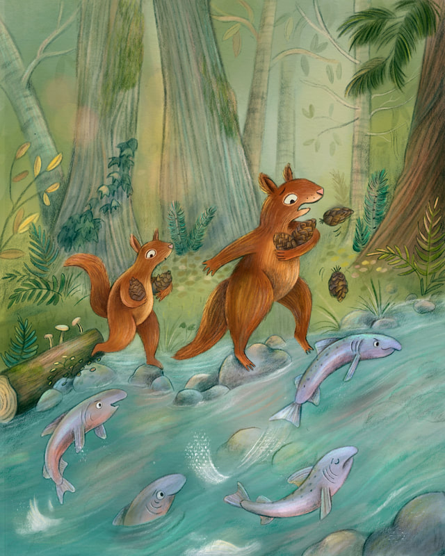 an illustration of two squirrels carrying acorns alongside a rushing river with salmon jumping from it .