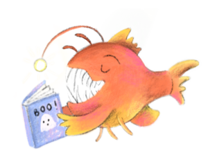 Orange angler fish reading a book that has a ghost on the cover