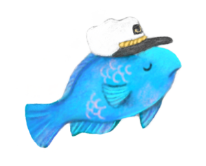 Blue fish wearing a captain's hat