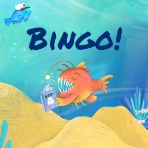 Illustration of an angler fish below the word bingo. The background is an ocean scene.